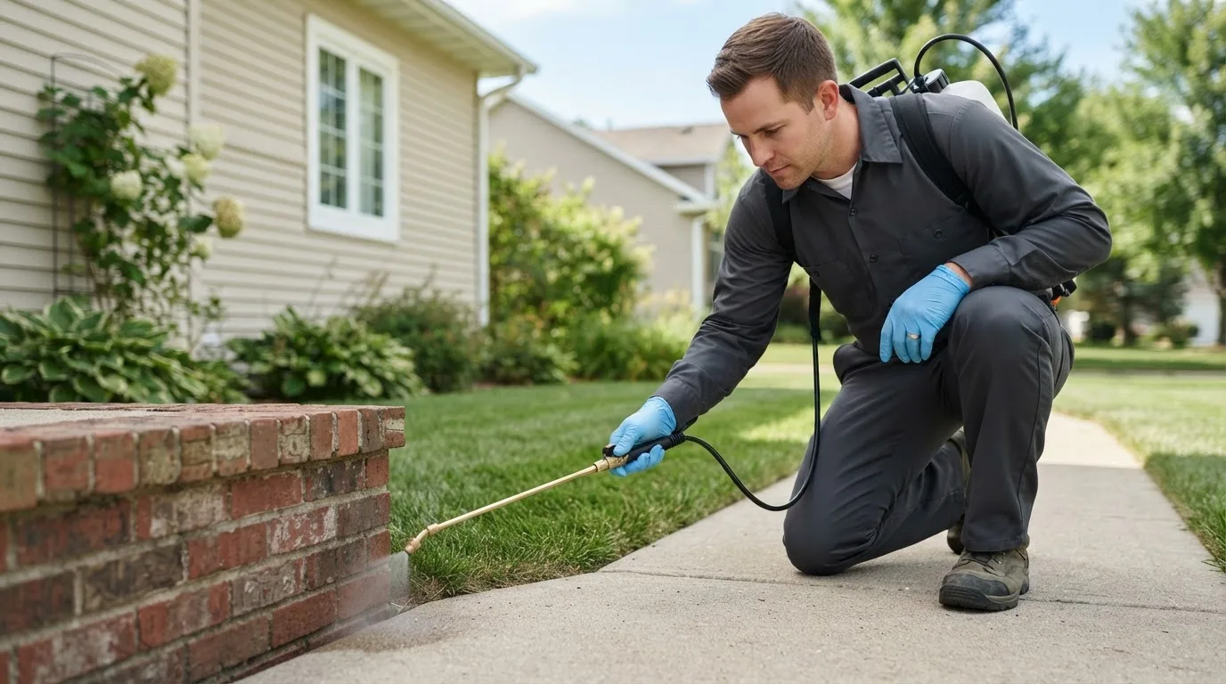 Pest control technician treating a home near Desert Hot Springs, CA